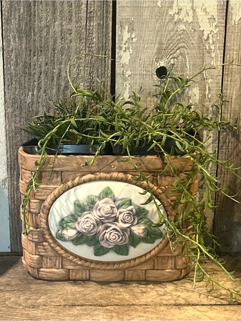 Vintage Ceramic Rose Basketweave Vase Planter